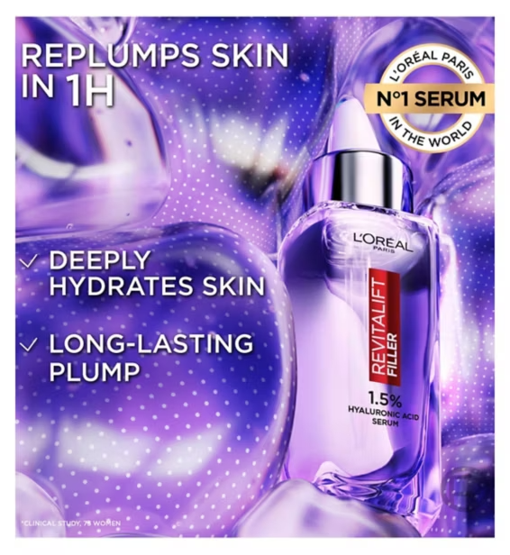 L'Oreal Paris Revitalift Filler Hyaluronic Acid Anti-Wrinkle Serum, 1.5% Pure Concentrated Micro-Epidermic Hyaluronic Acid, 30ml